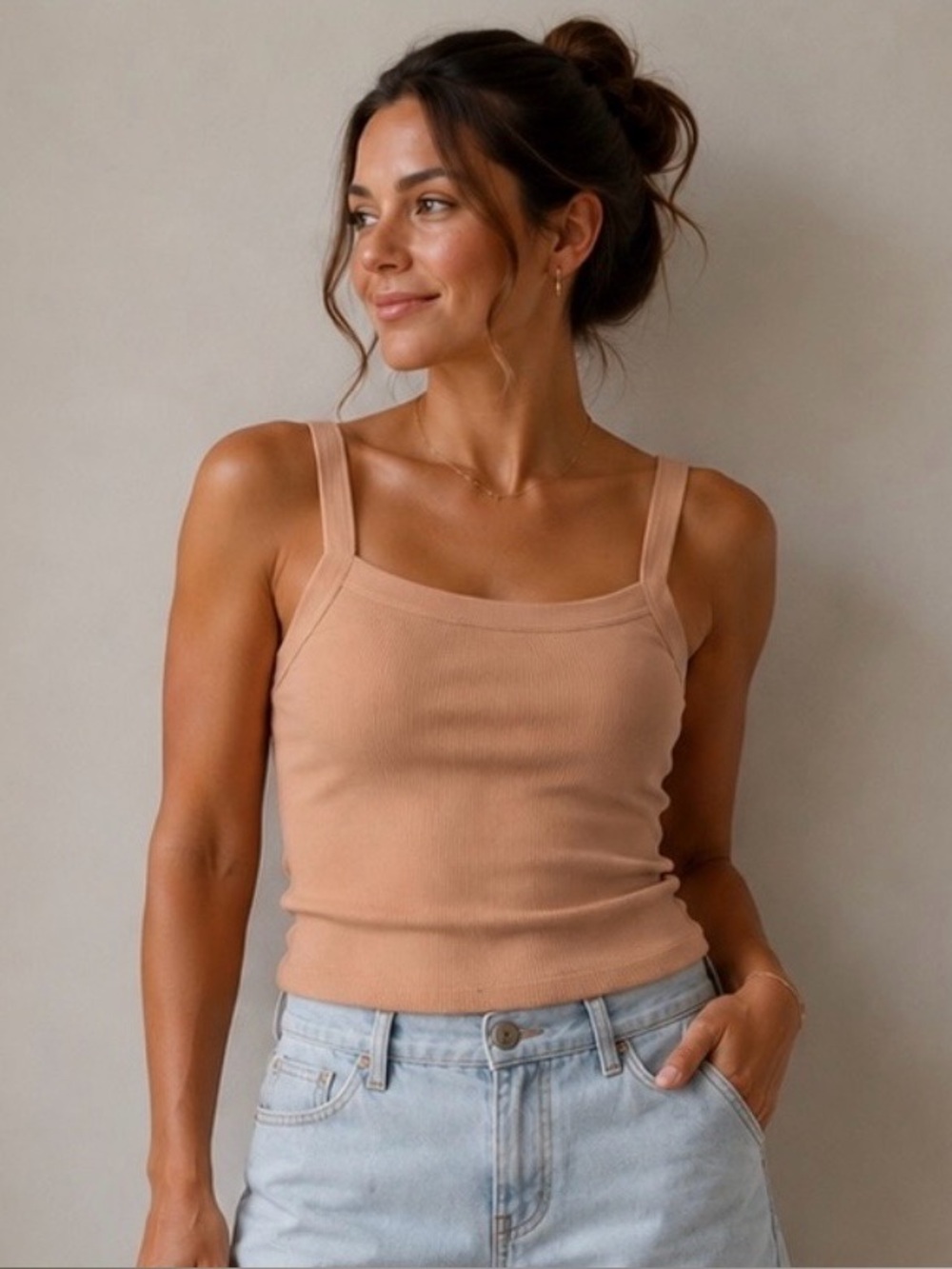 American Eagle Ribbed Tank Top Blush Pink Square Neck Size Large